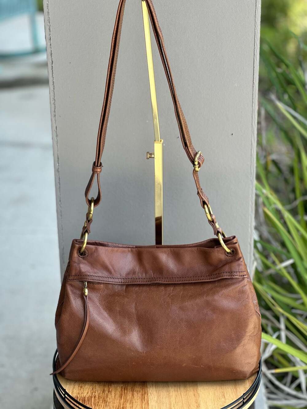 Hobo Brown Leather Shoulder Bag with Brass Hardware